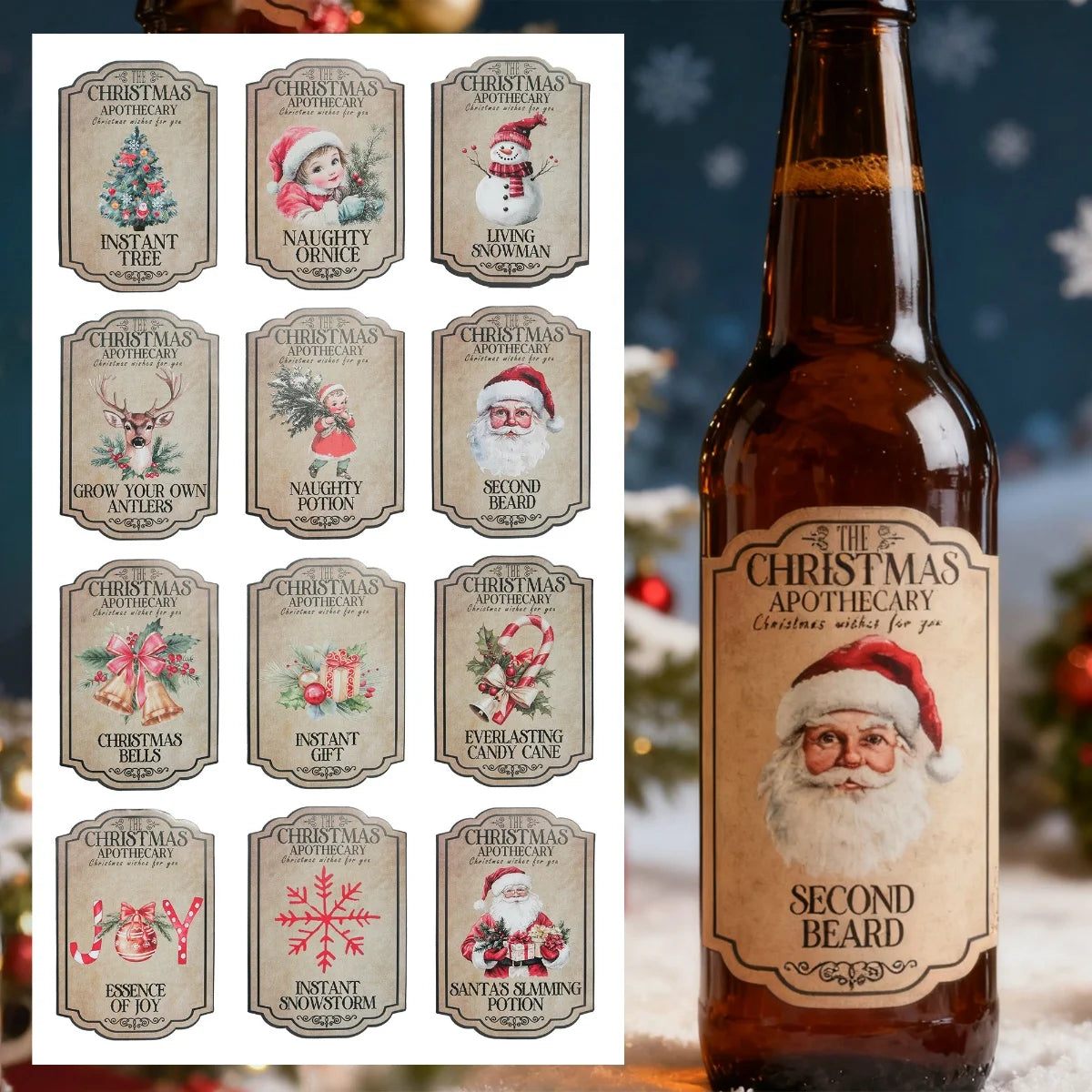 12PCS Christmas Bottle & Glass Stickers – New Year 2026 Party Holiday Party Stickers Babs Style 1 10x15CM