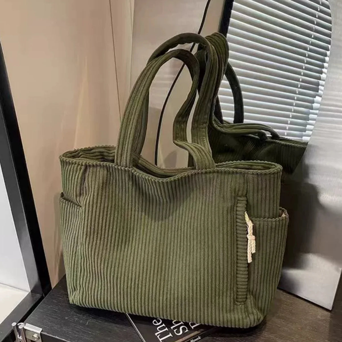 Large Corduroy Tote Bag for Women – Pockets & Zipper Corduroy Tote Bag Babs Green