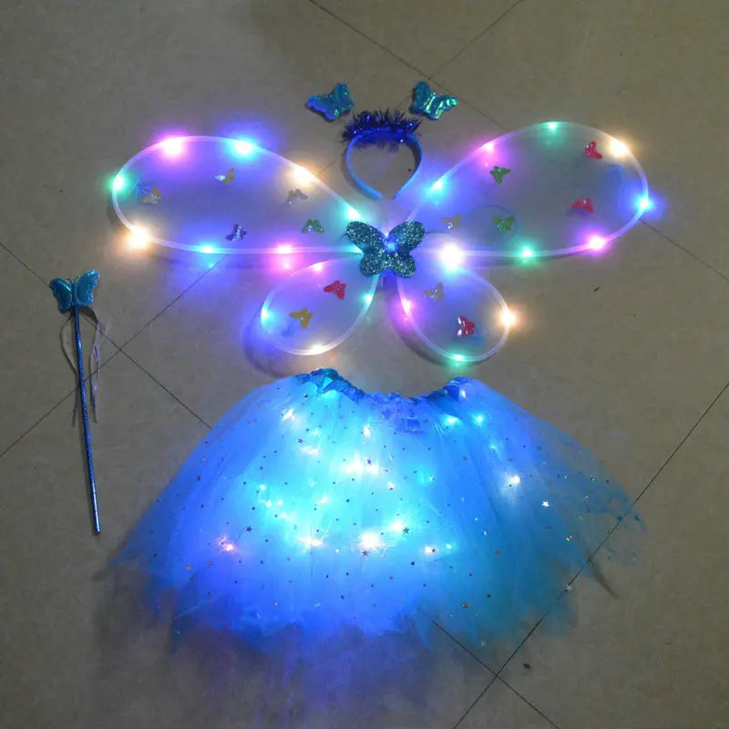 Girls Fairy Angel Glowing Butterfly Wings & Wand Costume Set Kids Costume Set Babs Blue
