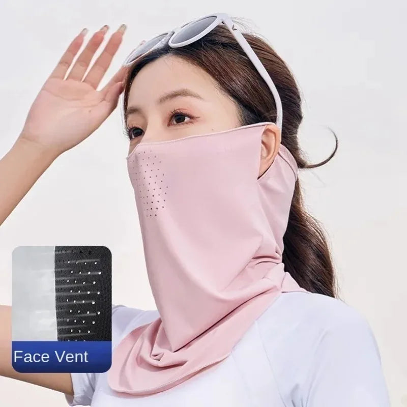 Ice Silk Sun Shield Mask UPF50+ Full Face UV & Neck Protection Sun Protection Mask Babs Pink-1PC