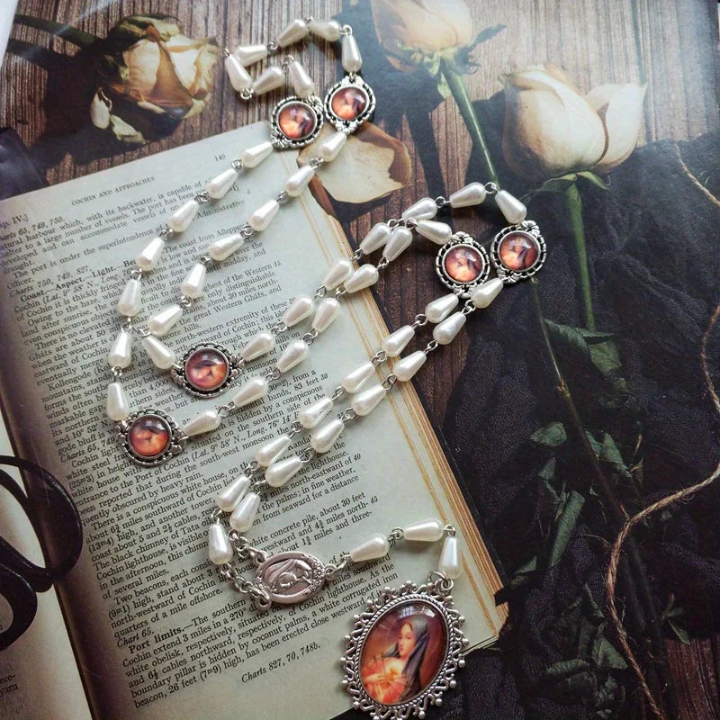 Seven Sorrows White Rosary Necklace – Virgin Pendant Jewelry Rosary Necklace Babs 1pcs