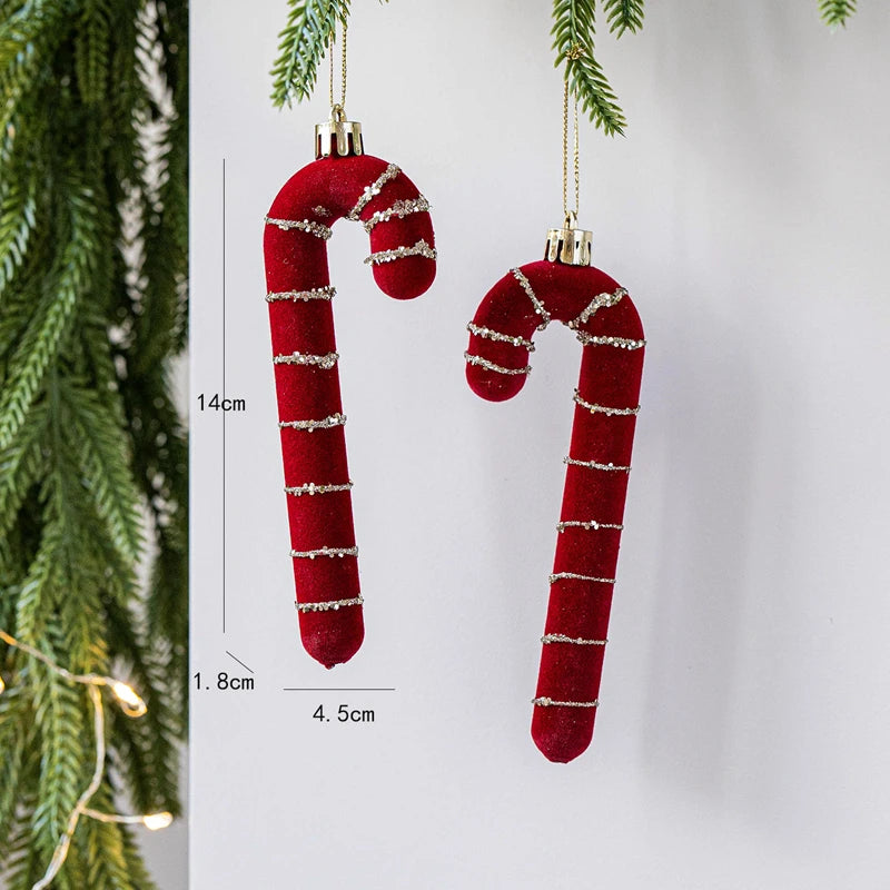2pcs Velvet Christmas Ornaments – Burgundy Red Bell Candy Cane Christmas Tree Ornaments Babs Cane