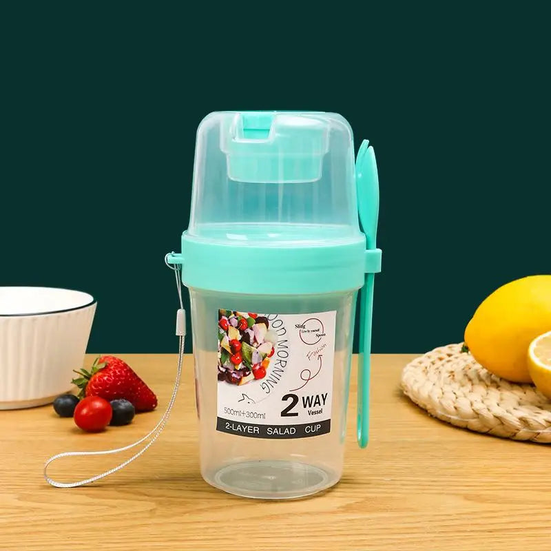 Two-Layer Yogurt Salad Cup with Lid, Spoon & Sauce Cup Food Storage Container Babs green