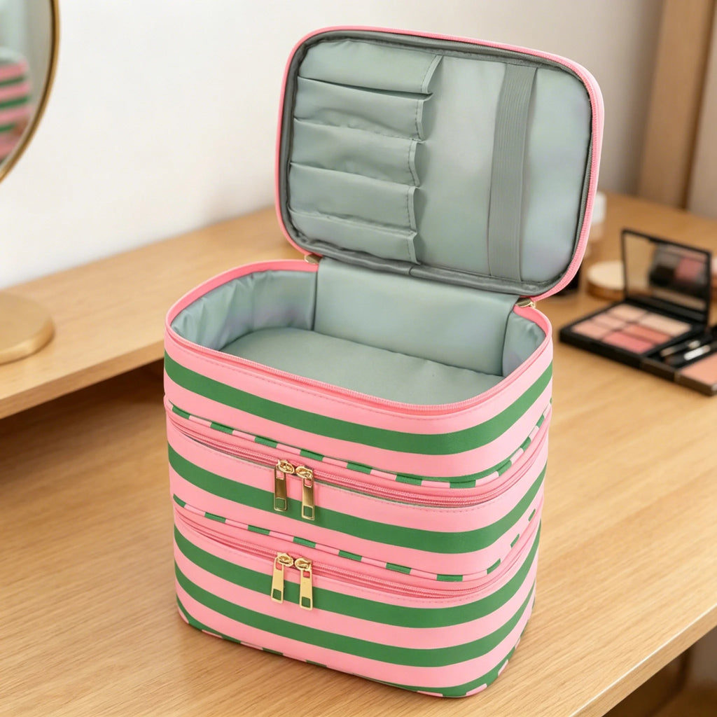 Large 3-Layer Travel Makeup Bag Organizer with Handle Travel Makeup Bag Babs