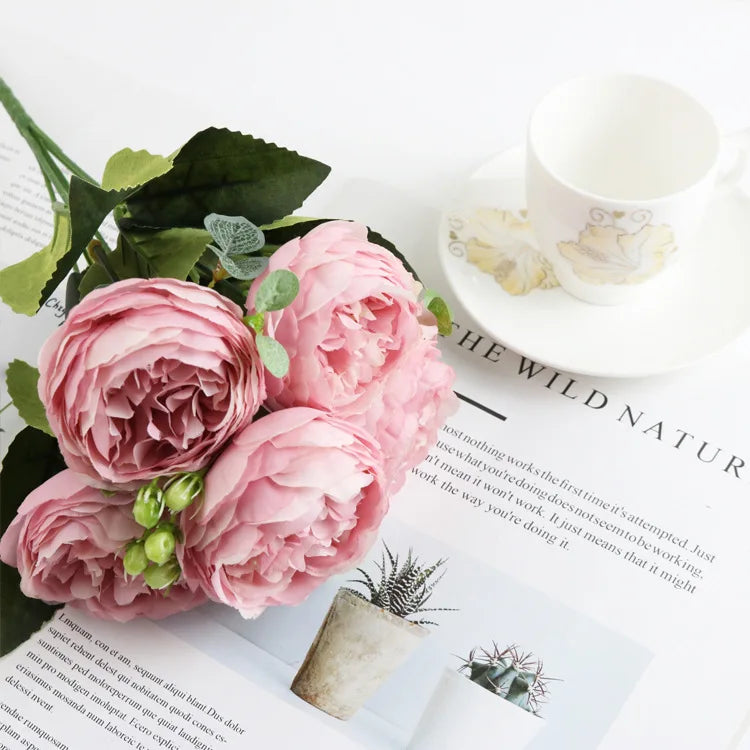 Silk Peony Rose Artificial Flower Bouquet – Wedding & Decor Artificial Flower Bouquet Babs pink 1 pc