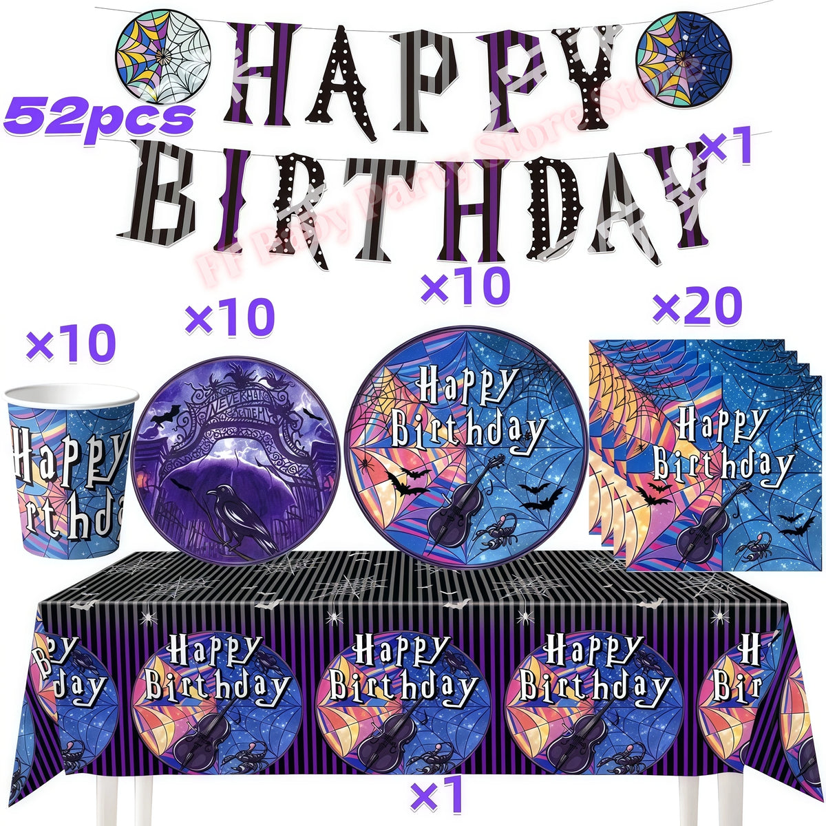 Addams Dark Academia Birthday Party Kit – Balloons, Plates & Backdrop