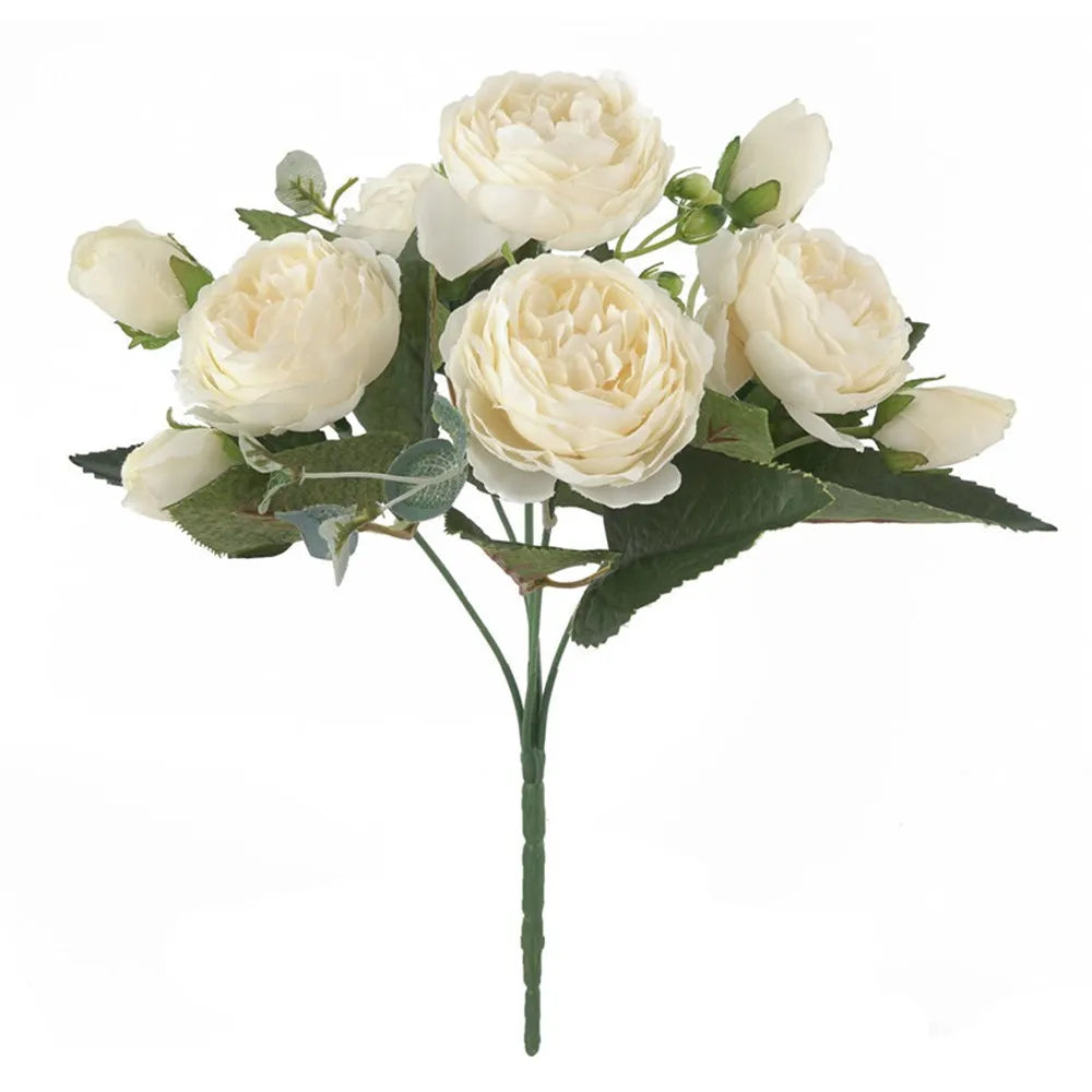 Silk Peony Artificial Flower Bouquet – Roses & Gypsophila, 12 Colors Artificial Flower Bouquet Babs WHITE 1pc