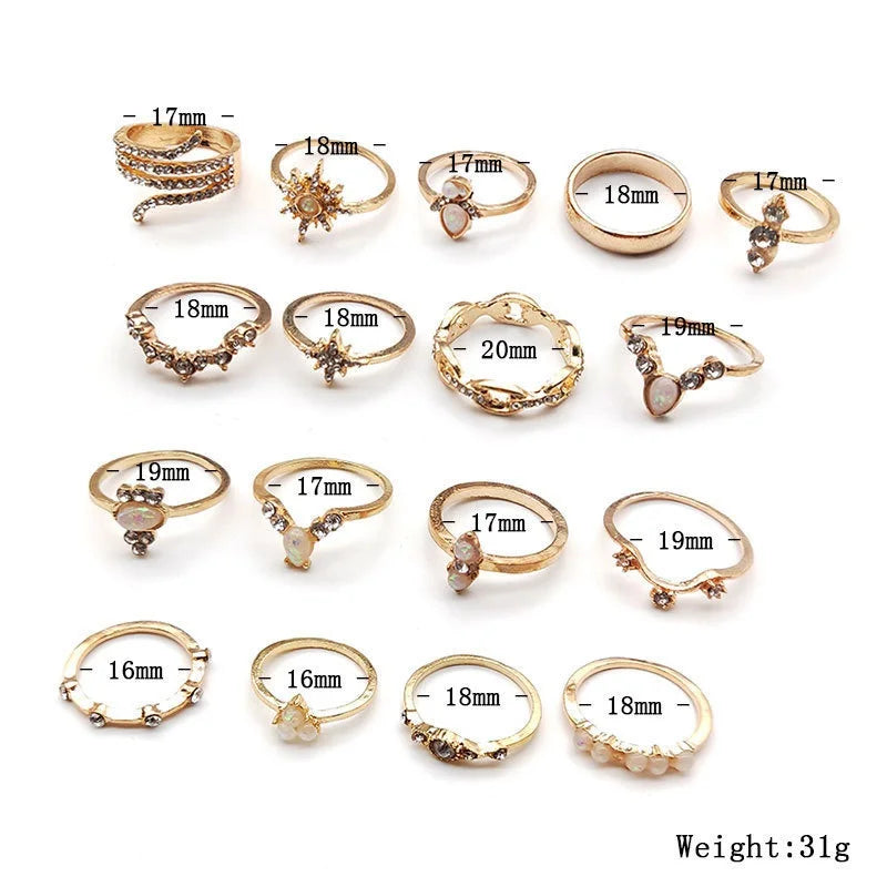 17-Piece Crystal Ring Set – Boho Geometric Jewelry for Women Crystal Ring Set Babs 17pcs