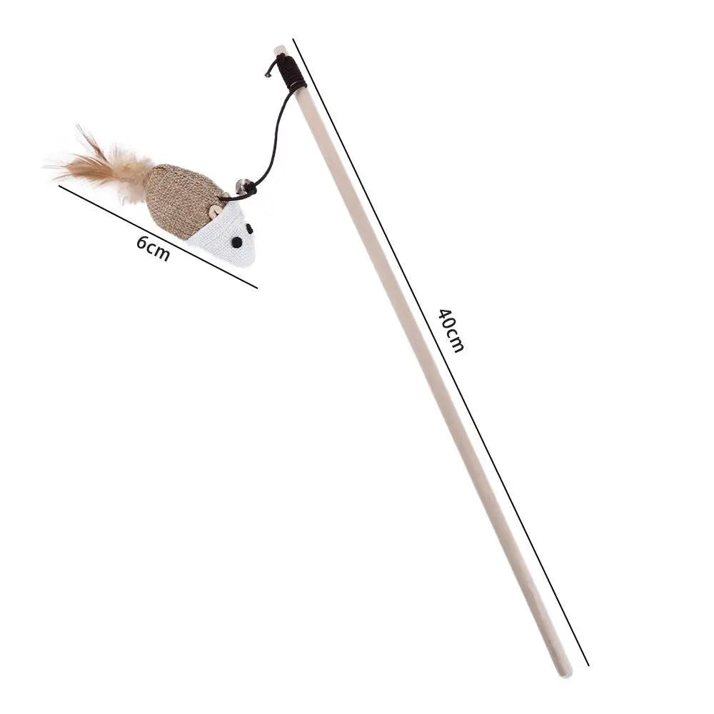 Cat Teaser Wand Toy – Feather, Bell & Linen Mouse Interactive Cat Teaser Wand Babs