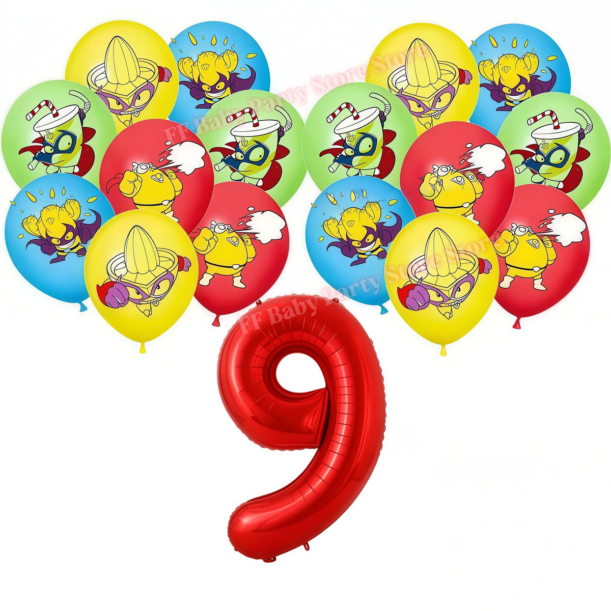 Superthings Party Balloons, Cake Toppers & Backdrop Set – 6pcs Party Decoration Set Babs 17pcs balloons-9 others