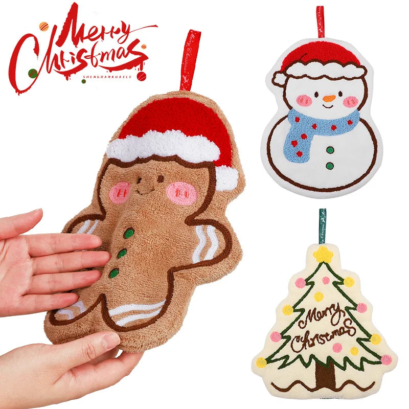 Christmas Coral Fleece Hand Towel – Gingerbread Man & Snowman Holiday Hand Towel Babs