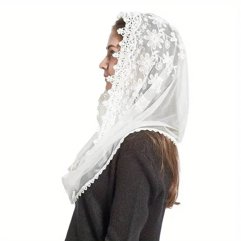 Ivory White Lace Infinity Scarf – Mantilla Chapel Veil for Women Lace Wrap Scarf Babs