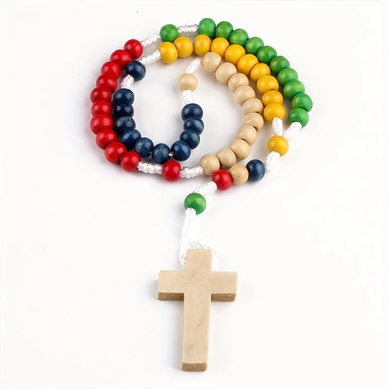 Natural Wood Bead Catholic Rosary Cross Necklace – Women Rosary Necklace Babs 1pc