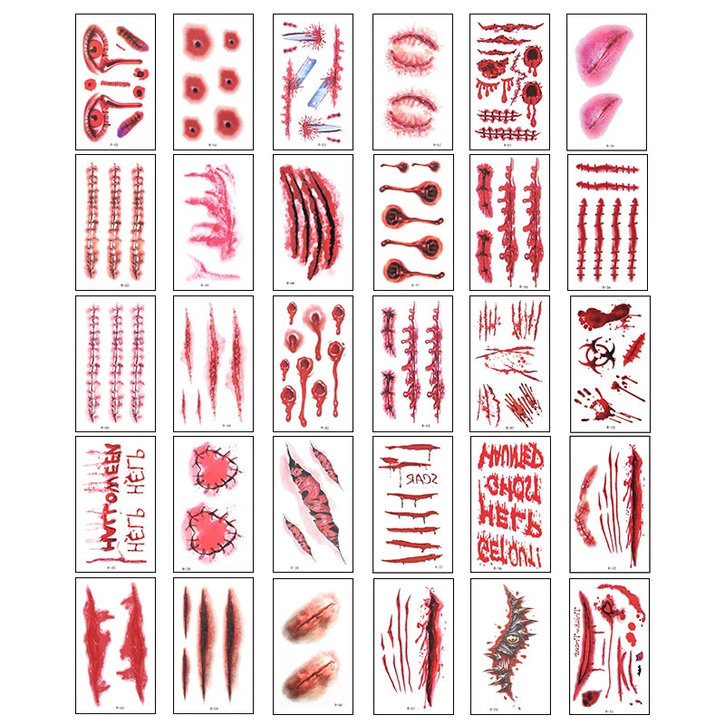 30 Sheets Halloween Scary Wound Temporary Tattoo Stickers Temporary Tattoo Stickers Babs 30Sheets