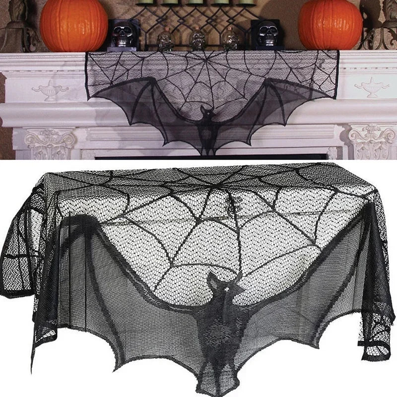Halloween Black Lace Bat Spider Curtain Tablecloth Fireplace Scarf Halloween Lace Décor Babs