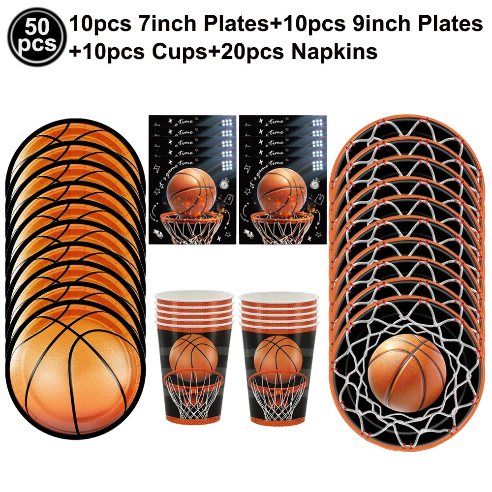 Basketball Party Supplies – Plates, Cups, Popcorn Boxes & Curtain
