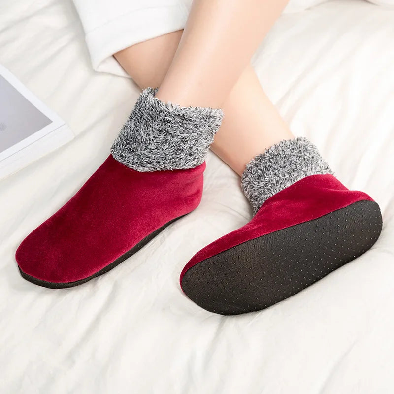 Warm Plush Non-Slip Winter Floor Socks for Women Plush Slipper Socks Babs Red 5Pairs