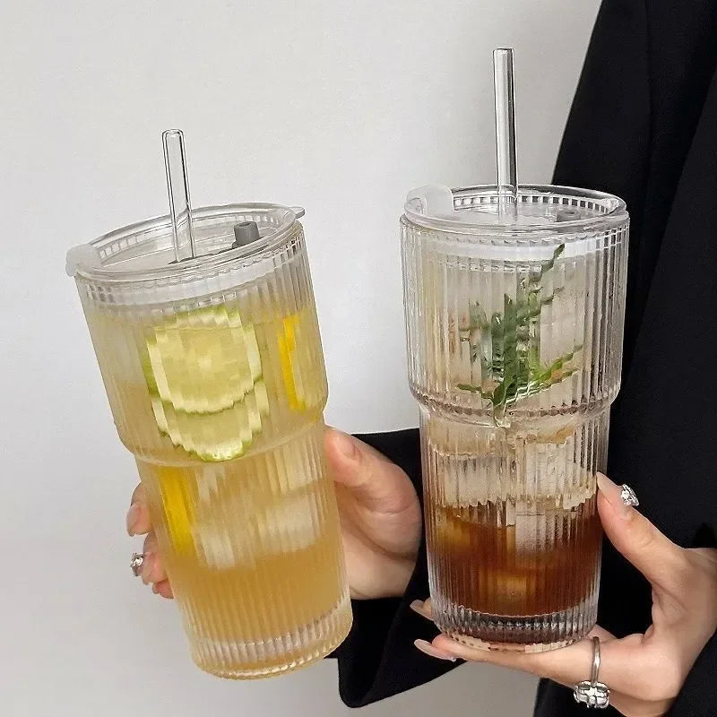 Striped Glass Cup with Lid & Straw – 600ml Transparent Drinkware Glass Drinkware Babs