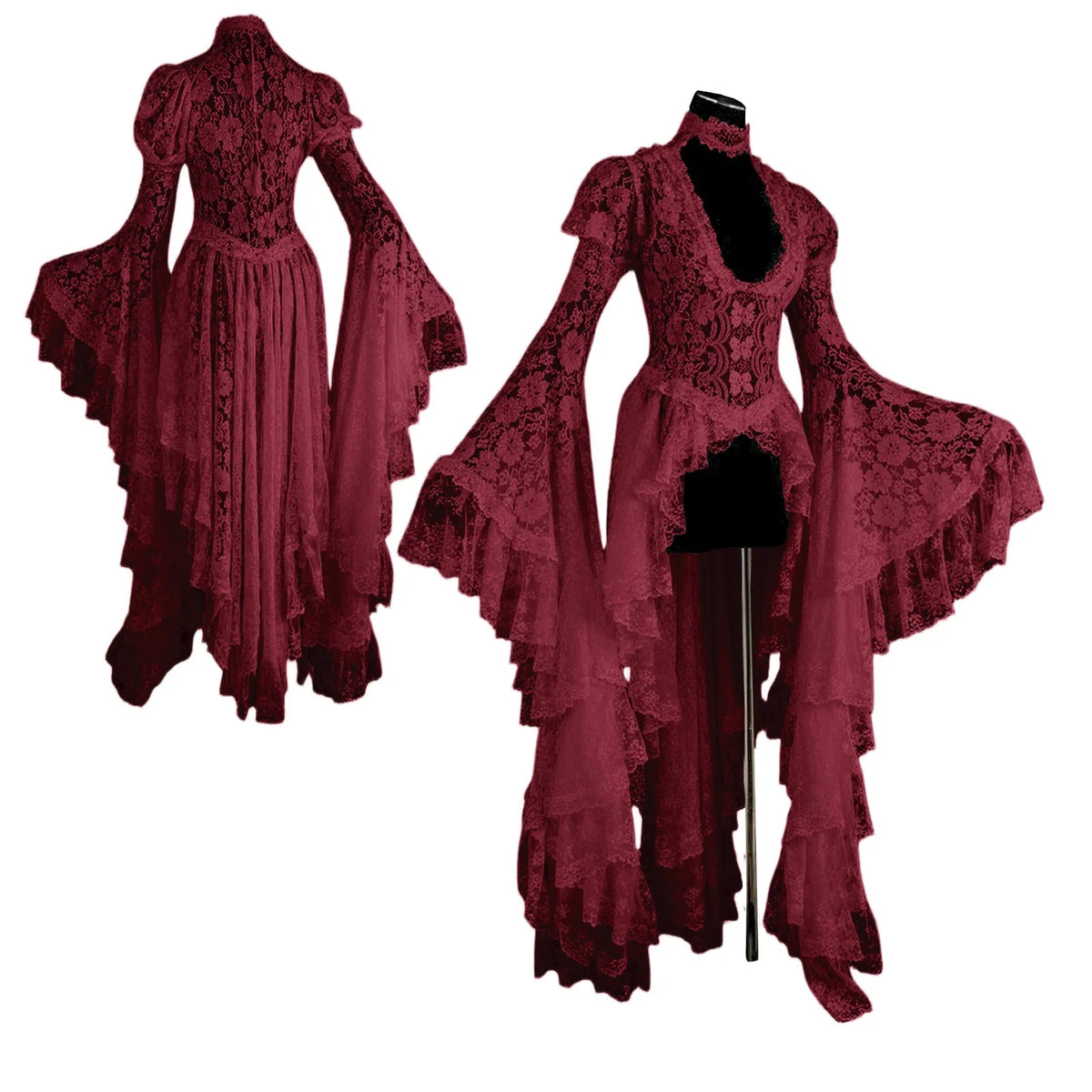 Women's Gothic Halloween Witch Maxi Dress | Medieval Cosplay Gothic Cosplay Dress Babs Wine XL