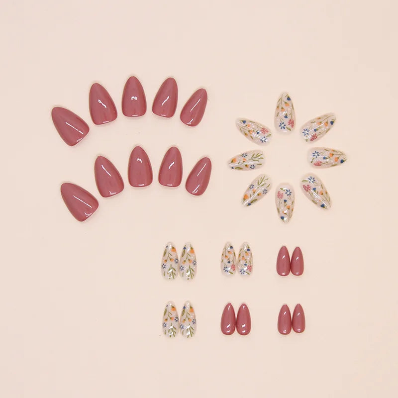 24pcs Floral Short Almond Press-On Nails – Detachable Leaf Design Press-On Nails Babs