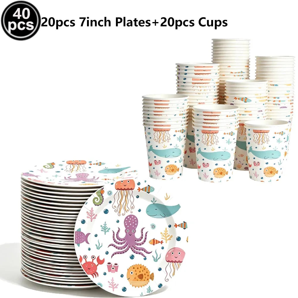 Ocean Animals Birthday Party Supplies Kit – Plates, Cups & More Party Supplies Kit Babs Silver as show
