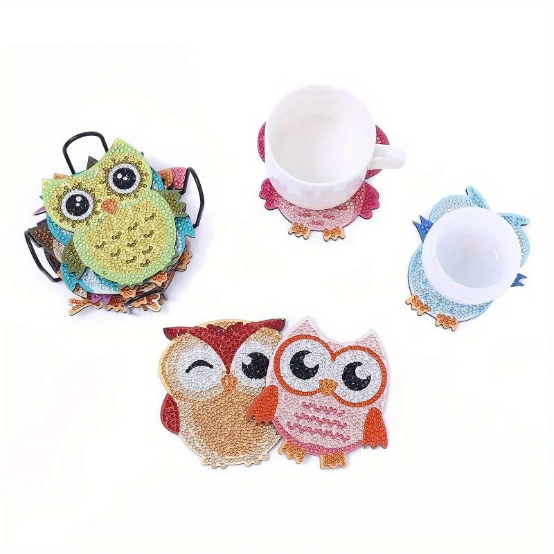 DIY Diamond Art Owl Coasters Set 10pcs with Holder | Wood Diamond Painting Kit Babs
