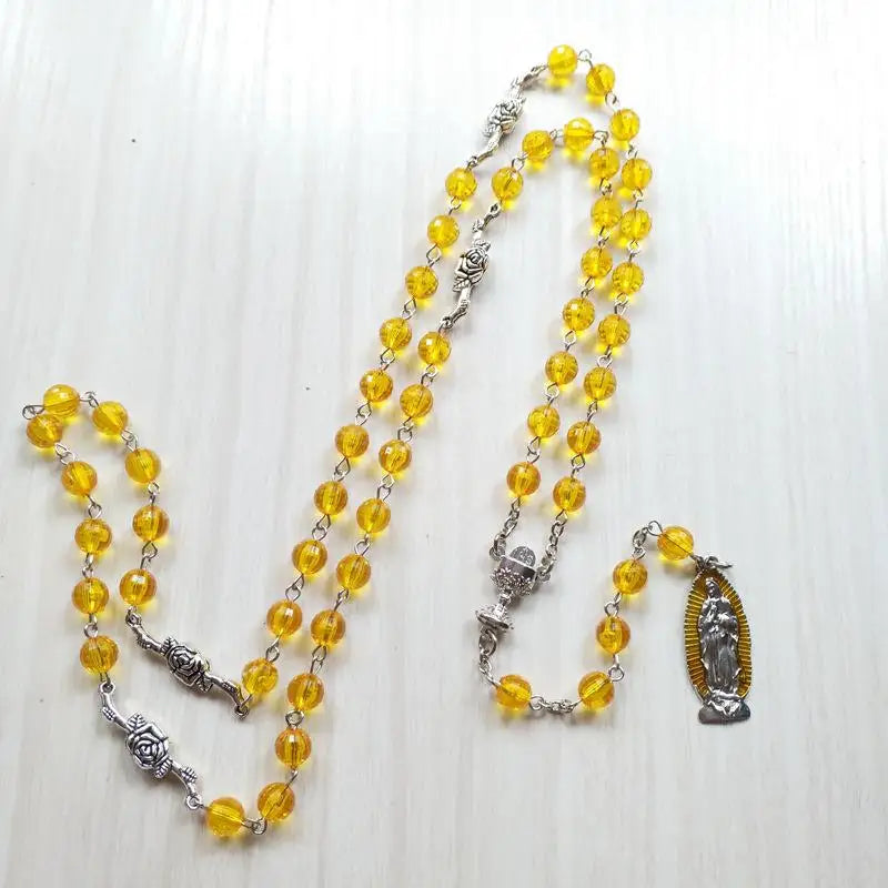 Orange Clear Rosary Bead Cross Necklace – Unisex Y-Shape Rosary Bead Necklace Babs