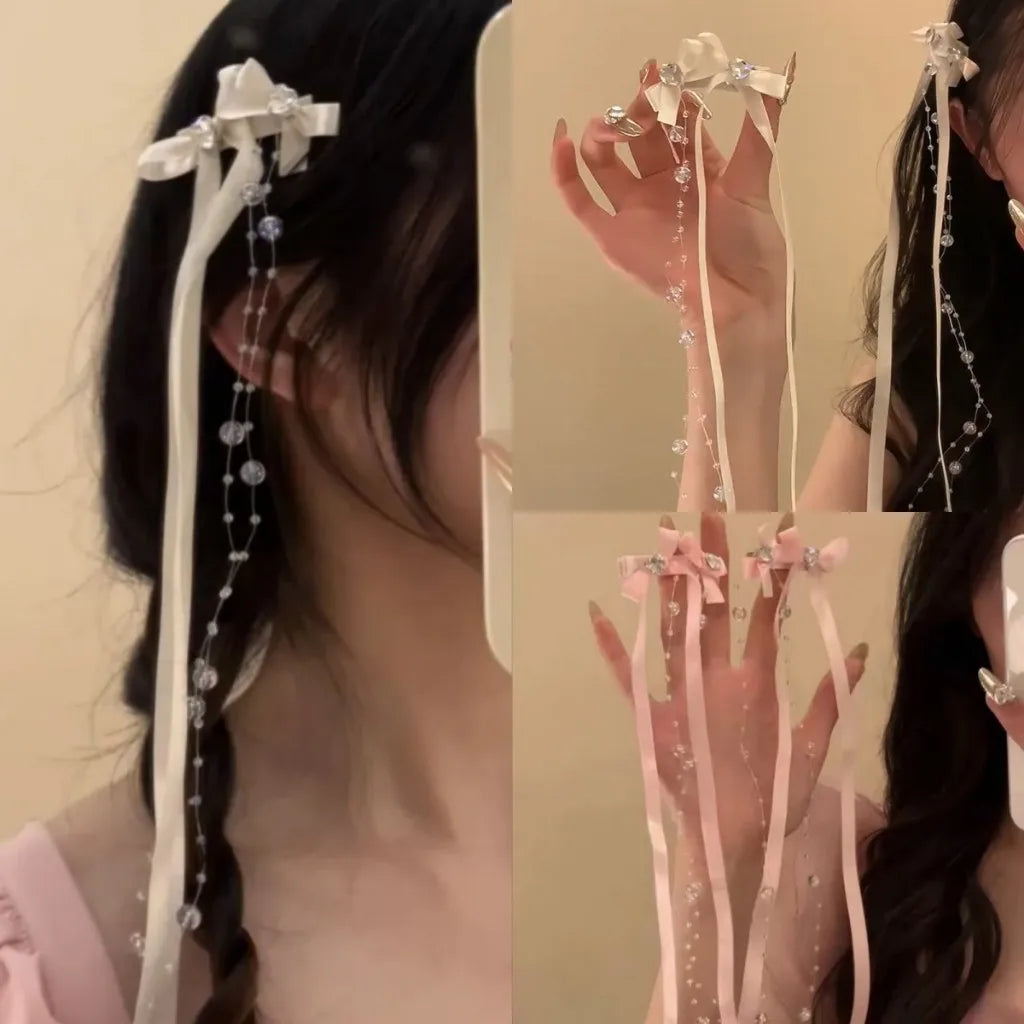 Korean Ribbon Bow Tassel Hair Clip – Beaded Glass Hairpin Bow Hair Clip Babs
