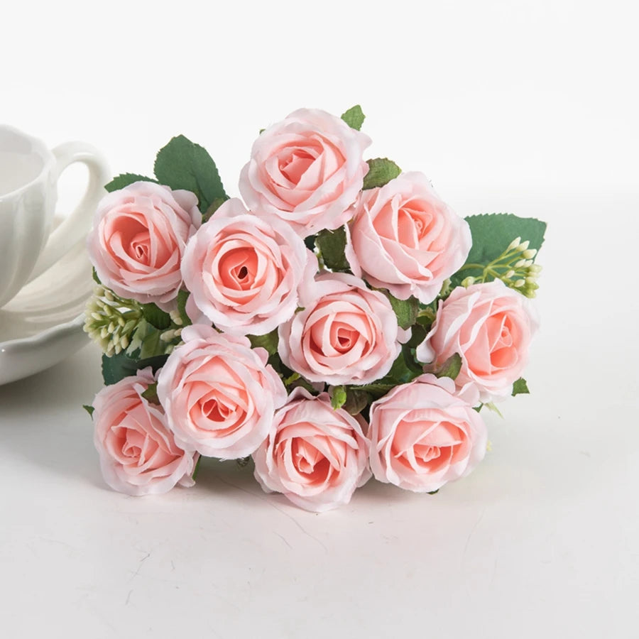 10-Head Silk Rose Bouquet – Wedding, Party & Home Décor Artificial Flower Bouquet Babs Light Pink 1 pc