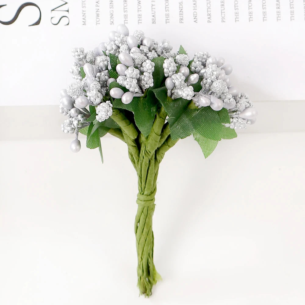 12Pcs Artificial Berry Stamen Flowers – DIY Wedding & Christmas Artificial Craft Flowers Babs Silver 12Pcs