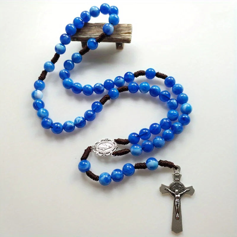 Catholic Hand Braided Rosary Beads Necklace – Cross Pendant Gift Rosary Beads Necklace Babs Blue