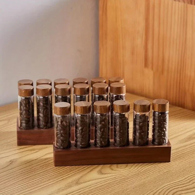 Coffee Bean Test Tube Display Rack – Walnut Wood & Glass Stand Coffee Bean Display Rack Babs