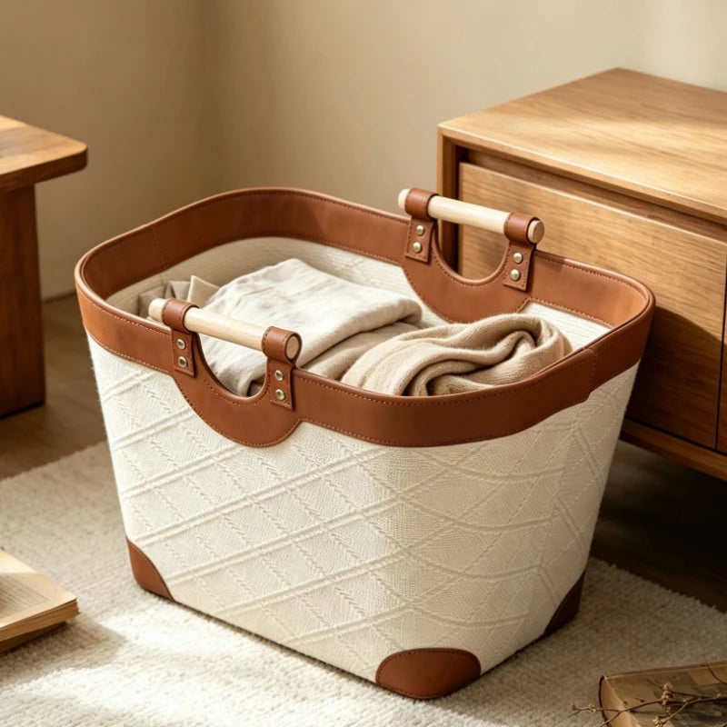 Large Leather Storage Basket with Wood Handle – Retro Organizer Leather Storage Basket Babs