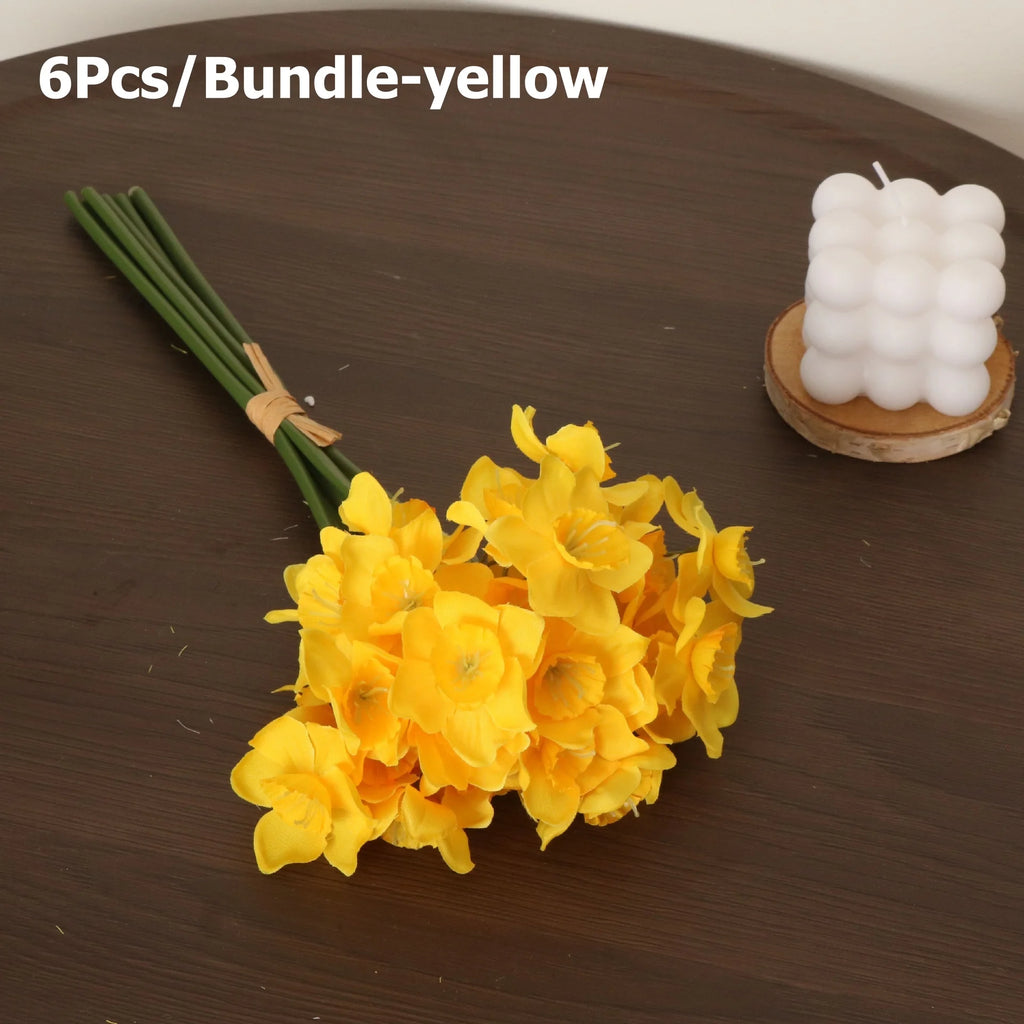 Artificial Daffodil Silk Bouquet – Spring Home & Office Décor Silk Flower Bouquet Babs 6Pcs Bundle-yellow