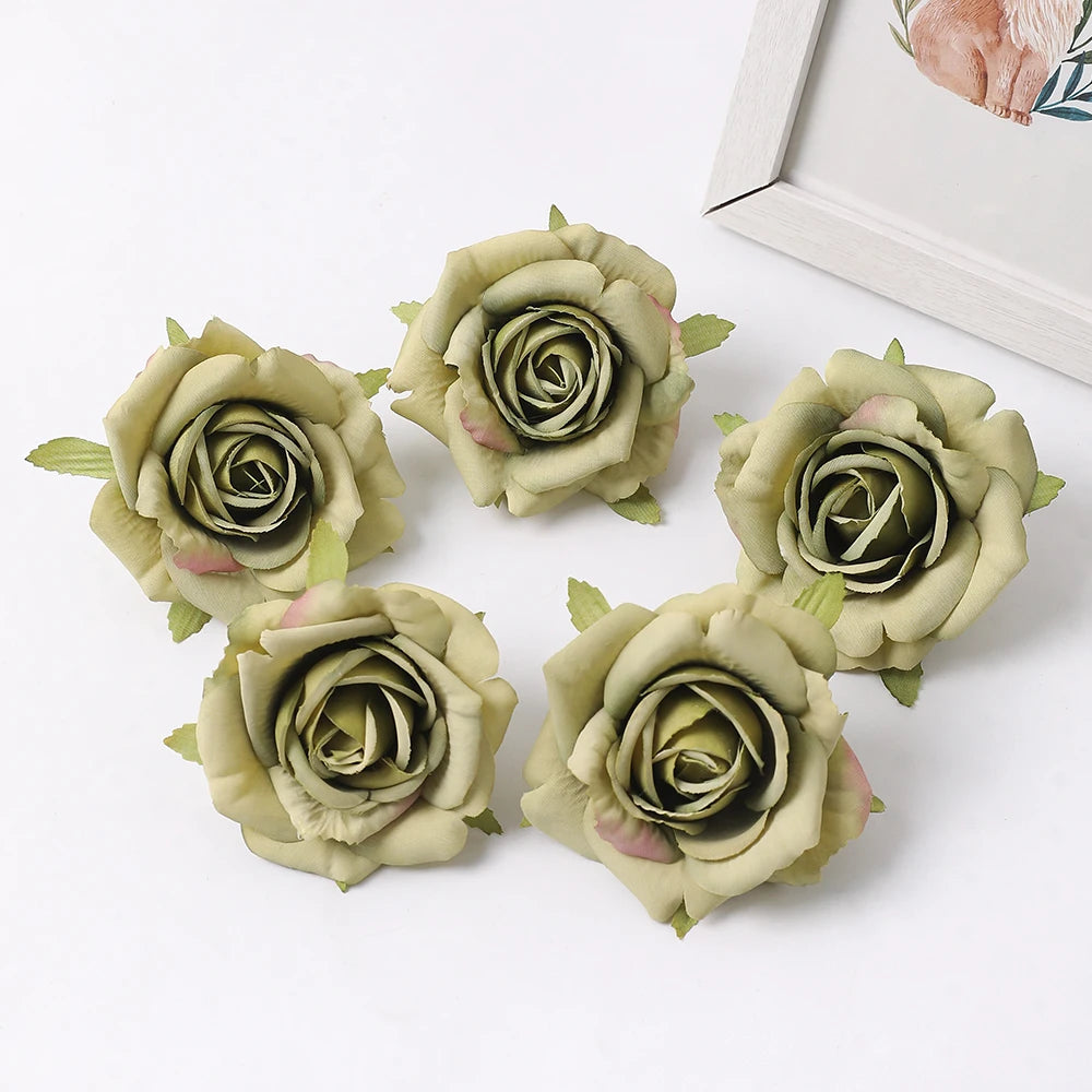 Silk Rose Artificial Flower Heads 7cm – Wedding & Home Décor Artificial Silk Flowers Babs Green 5Pcs