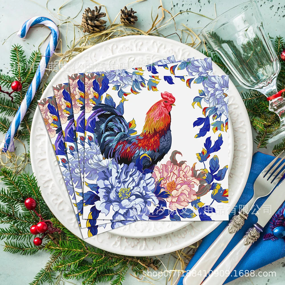 Blue White Rooster Disposable Cocktail Napkins – 20/40/60 Pack Disposable Napkins Babs