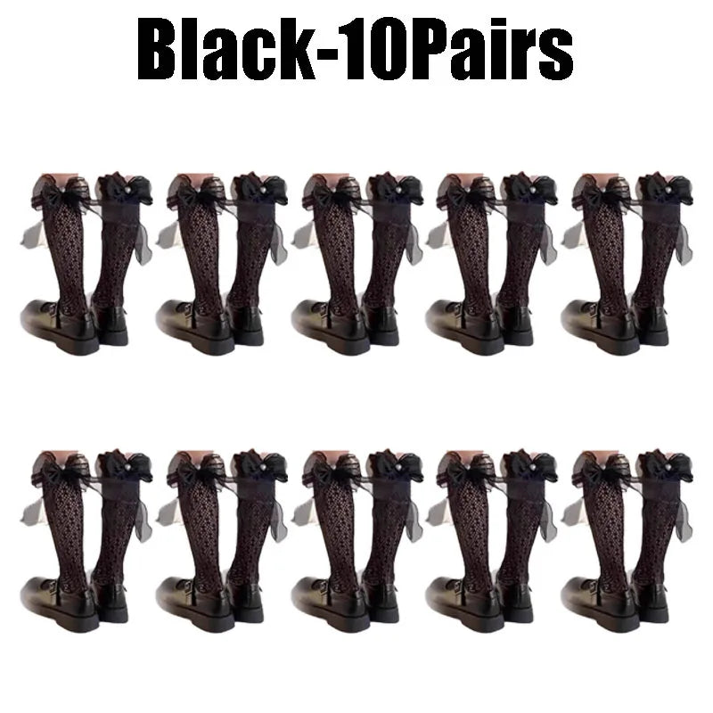 Lace Bow Thigh High Socks – Sheer Mesh Stockings for Women Thigh High Stockings Babs Black--10Pairs 35-39
