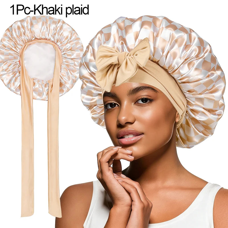 Satin Sleep Bonnet Cherry Print Lace-Up Hair Care Night Cap Satin Sleep Bonnet Babs 1Pc-Khaki plaid