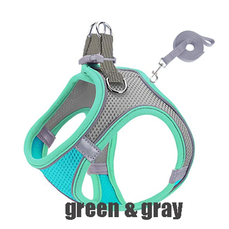 Reflective Dog Harness Vest with Leash | XXXS–L All Breeds Dog Harness Vest Babs green gray XXS