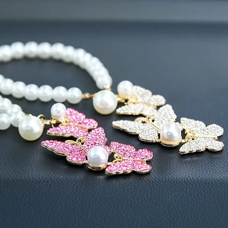 Pearl Butterfly Car Pendant – Rhinestone Alloy Rearview Charm Car Interior Pendant Babs