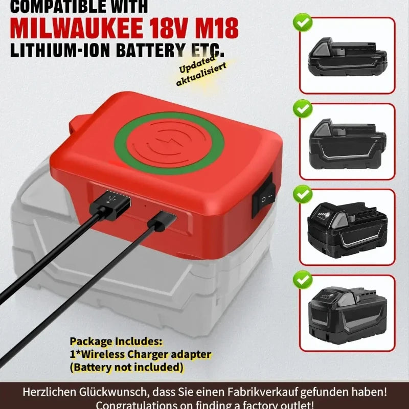 Milwaukee 18V Battery USB-C & Wireless Charger Adapter Battery Charger Adapter Babs