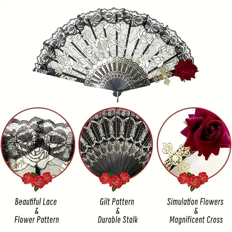 Elegant Vintage Flamenco Rose Lace Folding Fan | Gift Folding Hand Fan Babs