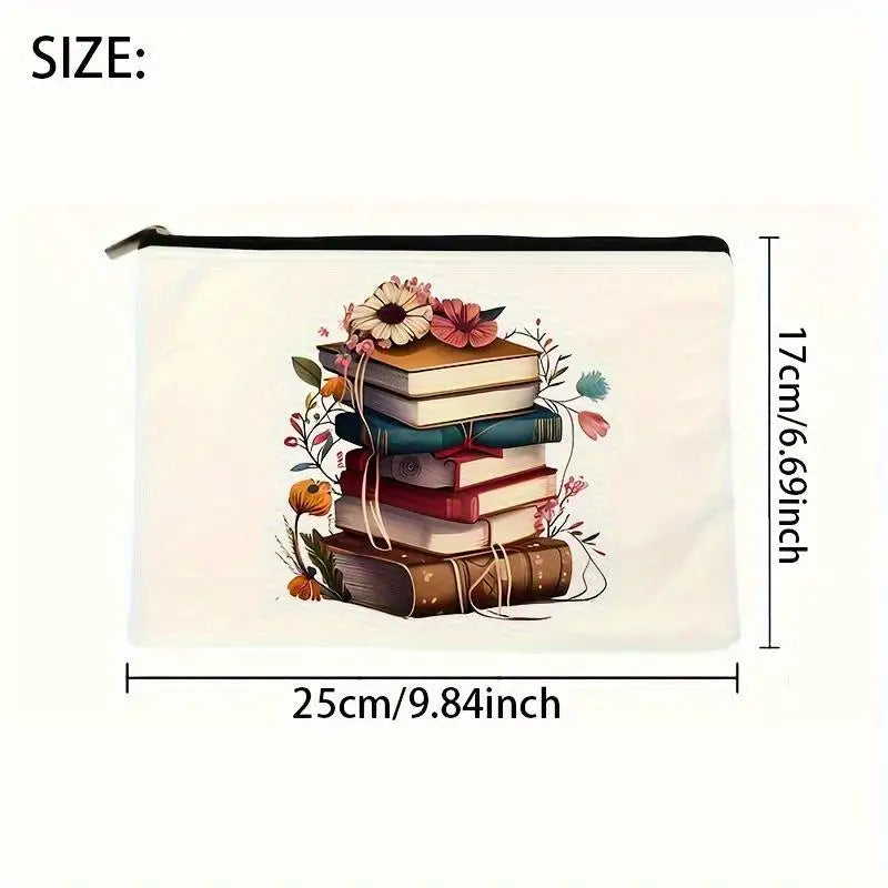 Book Theme Floral Canvas Zipper Pouch – Large Cosmetic Bag Canvas Zipper Pouch Babs 1pc