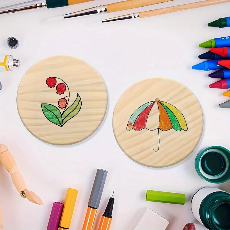 DIY Blank Round Wooden Coaster Set with Handle – Paint & Stain DIY Wood Craft Kit Babs