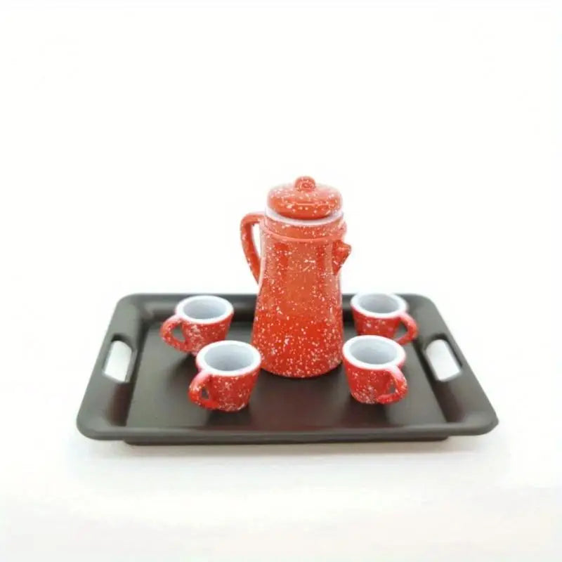 5-Piece Miniature Tea Set – Red Ceramic Kettle & Cups Decor Miniature Collectible Set Babs 1set