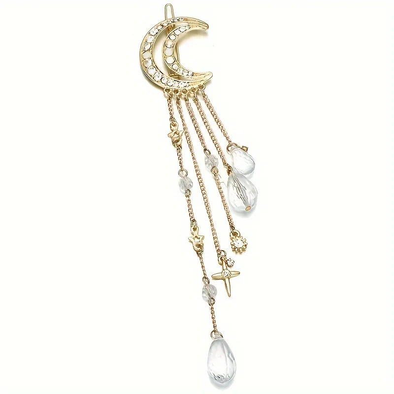 Moon Crescent Crystal Fringe Hairpin – Women's Hair Barrette Crystal Hair Barrette Babs Golden