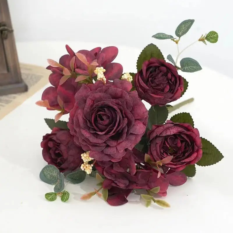 Silk Rose Peony Hydrangea Bouquet – Wedding & Home Decor Artificial Flower Bouquet Babs Red 1pc