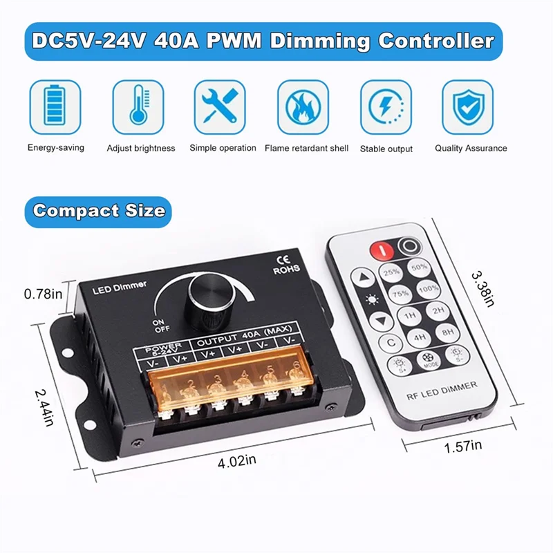 12V LED Dimmer Switch RF Remote & Timer DC 5-24V 40A PWM LED Dimmer Controller Babs