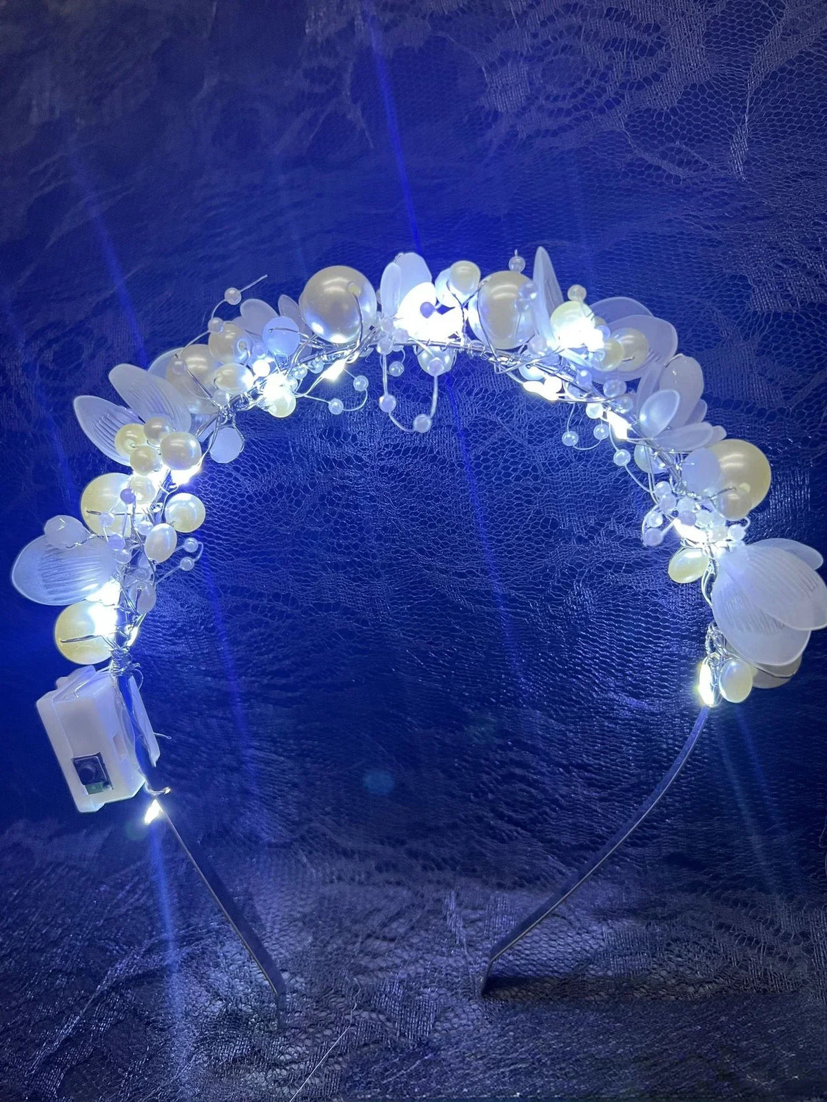 LED Crown Princess Headband – Flashing Glow Crystal Party Headwear LED Party Headband Babs white lights