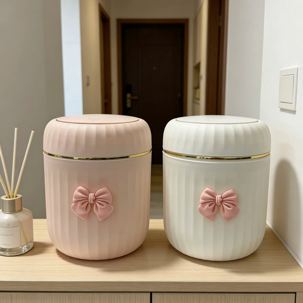 Mini Press-Open Desktop Trash Can with Lid & Bow Decor Desktop Trash Can Babs